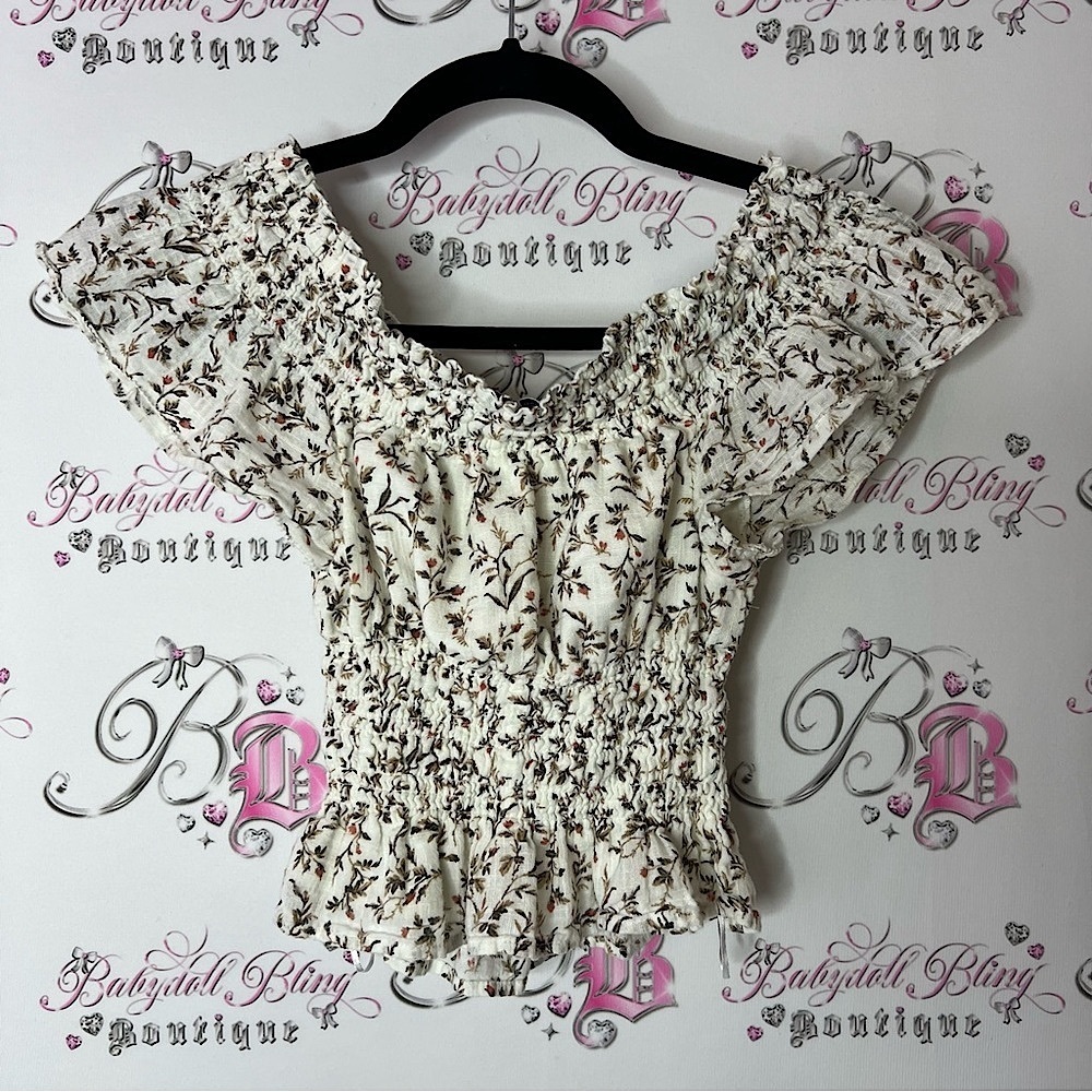 Abercrombie & Fitch Cream Flutter Sleeve Smocked Blouse